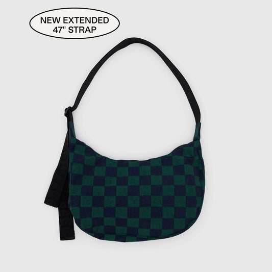 Baggu Medium Nylon Crescent Bag (New Extended 47" Strap) - Navy Green Check - AT NOON STORE