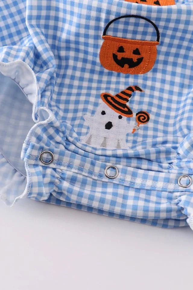 Blue Peter Pan Collar Pumpkin Embroidery Bubble Romper (3 - 18m) - Blue Plaid kids outfit