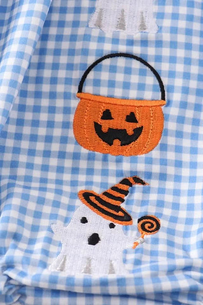 Blue Peter Pan Collar Pumpkin Embroidery Bubble Romper (3 - 18m) - Blue Plaid kids outfit