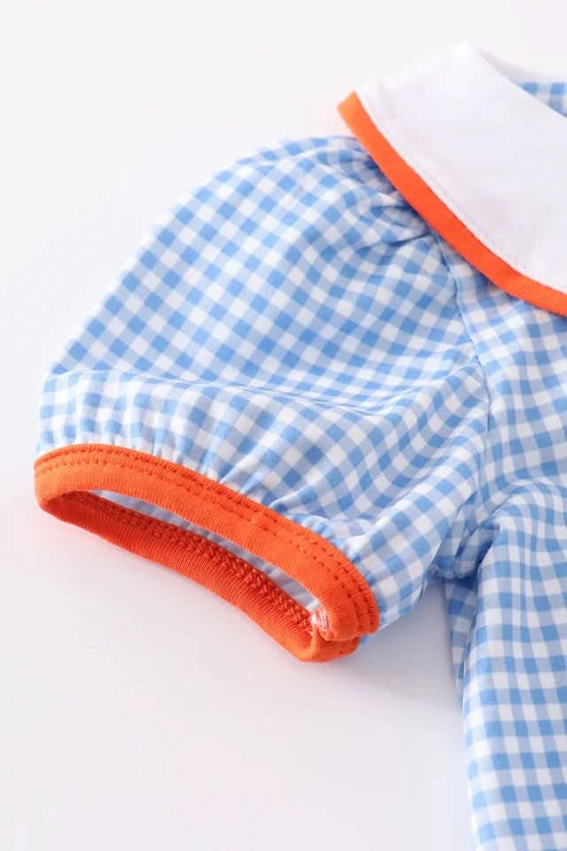 Blue Peter Pan Collar Pumpkin Embroidery Bubble Romper (3 - 18m) - Blue Plaid kids outfit