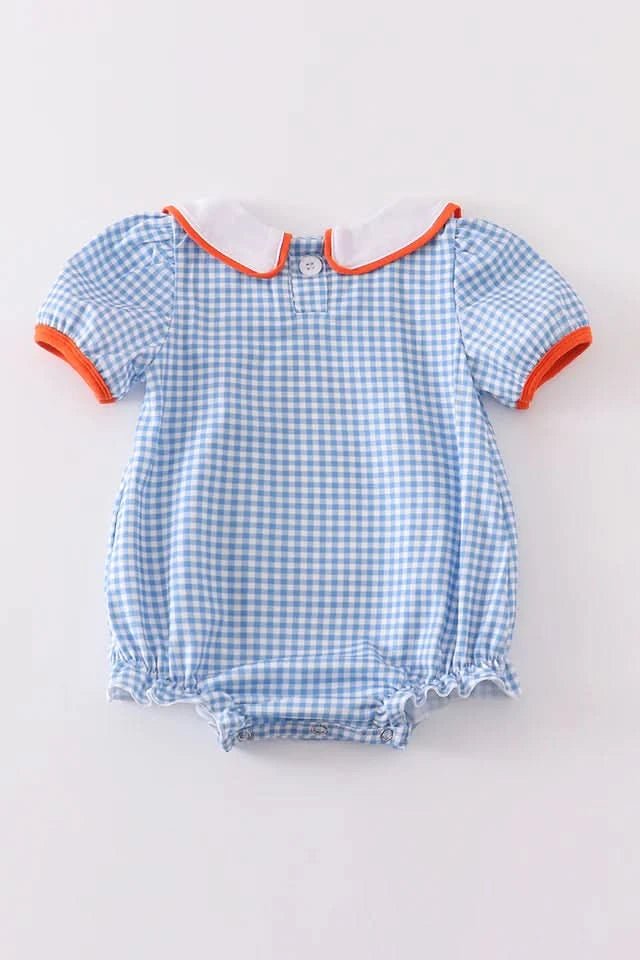 Blue Peter Pan Collar Pumpkin Embroidery Bubble Romper (3 - 18m) - Blue Plaid kids outfit
