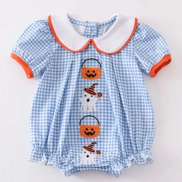 Blue Peter Pan Collar Pumpkin Embroidery Bubble Romper (3 - 18m) - Blue Plaid kids outfit