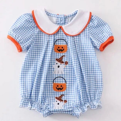 Blue Peter Pan Collar Pumpkin Embroidery Bubble Romper (3 - 18m) - Blue Plaid kids outfit