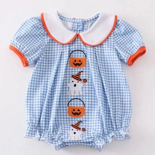 Blue Peter Pan Collar Pumpkin Embroidery Bubble Romper (3 - 18m) - Blue Plaid kids outfit