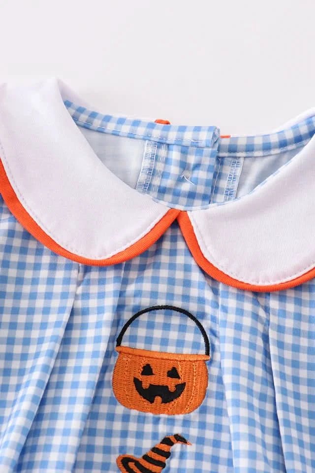 Blue Peter Pan Collar Pumpkin Embroidery Bubble Romper (3 - 18m) - Blue Plaid kids outfit