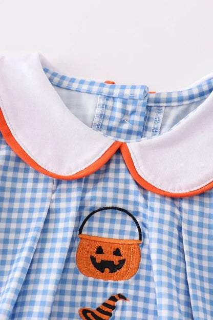 Blue Peter Pan Collar Pumpkin Embroidery Bubble Romper (3 - 18m) - Blue Plaid kids outfit