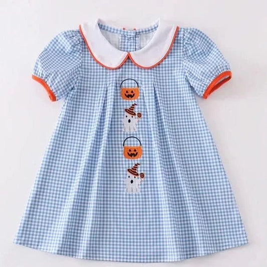 Blue Peter Pan Collar Pumpkin Embroidery Dress (6m - 6y) - Blue Plaid kids outfit