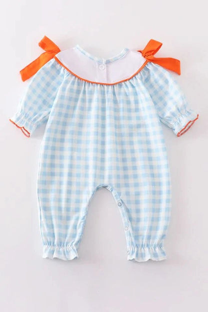 Blue Plaid Shoulder Bow Embroidery Girl Jumpsuit (NB - 18m) - Blue Plaid kids outfit