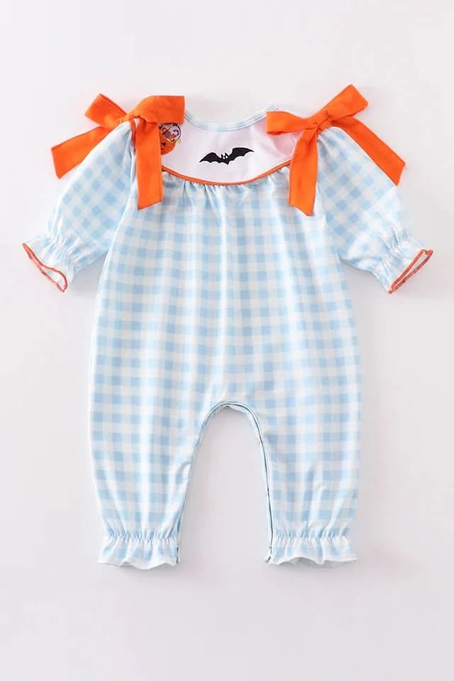 Blue Plaid Shoulder Bow Embroidery Girl Jumpsuit (NB - 18m) - Blue Plaid kids outfit