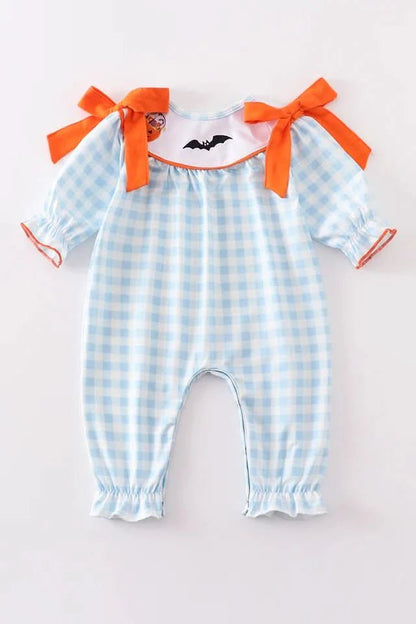 Blue Plaid Shoulder Bow Embroidery Girl Jumpsuit (NB - 18m) - Blue Plaid kids outfit