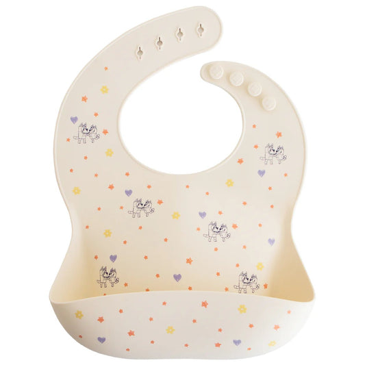 Bluey x Mushie Silicone Baby Bib - Bluey Ivory kids outfit