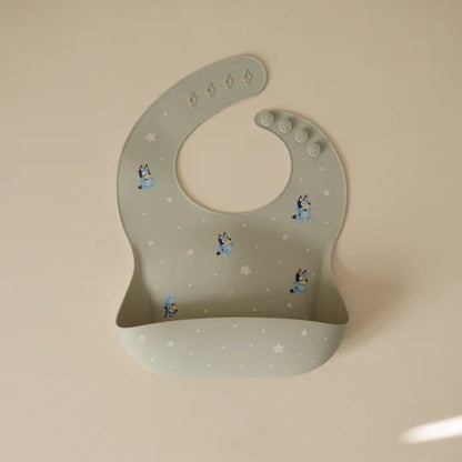 Bluey x Mushie Silicone Baby Bib - Bluey Sage kids outfit