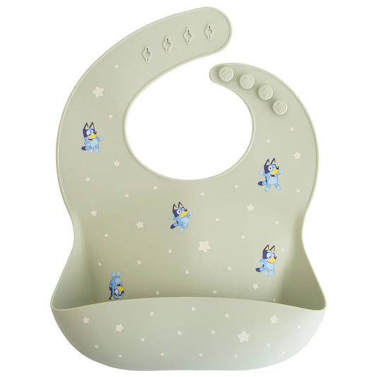 Bluey x Mushie Silicone Baby Bib - Bluey Sage kids outfit