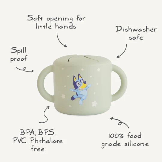 Bluey x Mushie Snack Cup - Bluey Sage kids outfit