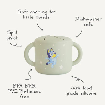 Bluey x Mushie Snack Cup - Bluey Sage kids outfit