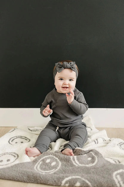 Charcoal Smiley Taupe Plush Blanket kids outfit