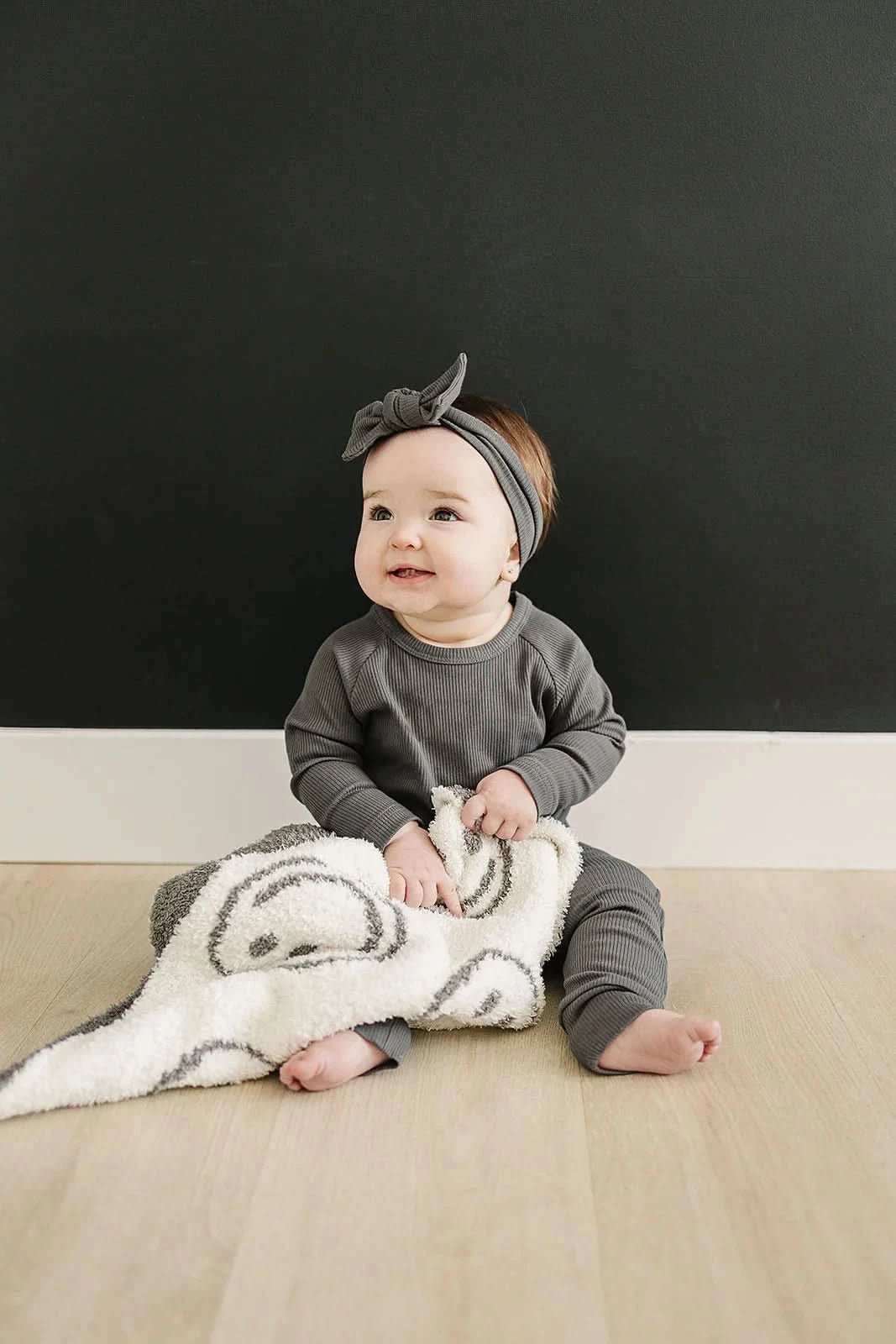 Charcoal Smiley Taupe Plush Blanket kids outfit
