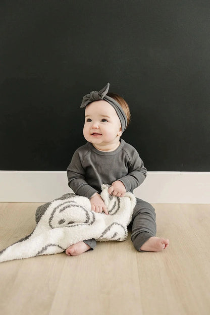 Charcoal Smiley Taupe Plush Blanket kids outfit
