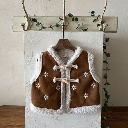 Girl Lala W24 Faux Fur Lined Flower Embroidery Suede Vest (1 - 5y) - Brown kids outfit