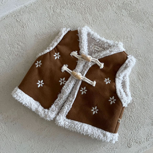 Girl Lala W24 Faux Fur Lined Flower Embroidery Suede Vest (1 - 5y) - Brown kids outfit