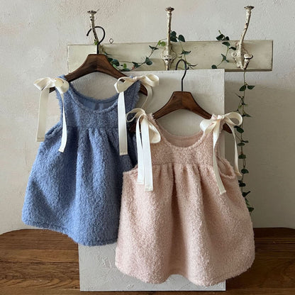 Girl Lala W24 Shoulder Bow Sherpa Dress (1 - 7y) - 2 Colors kids outfit
