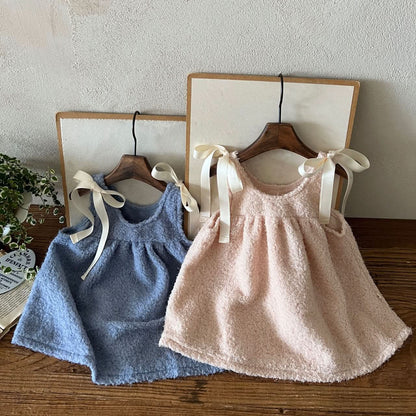 Girl Lala W24 Shoulder Bow Sherpa Dress (1 - 7y) - 2 Colors kids outfit