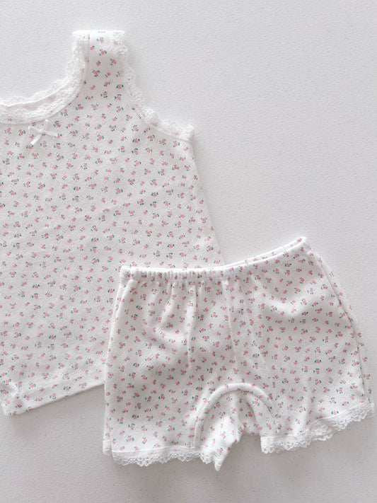 Girl SS25 Lace Trim Floral Sleeveless Top and Shorts Set (2 - 7y) - Pink Floral kids outfit