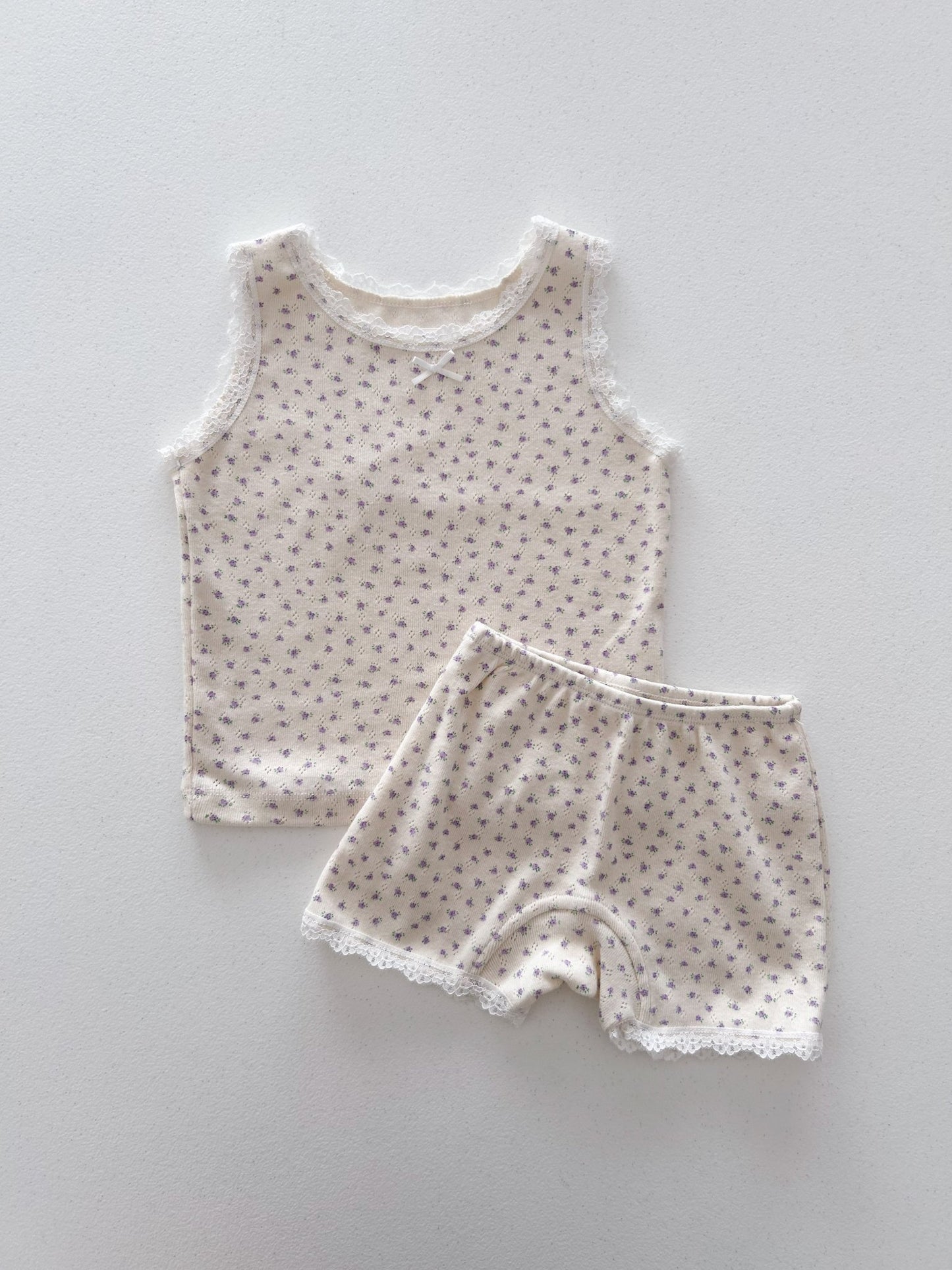 Girl SS25 Lace Trim Floral Sleeveless Top and Shorts Set (2 - 7y) - Purple Floral kids outfit