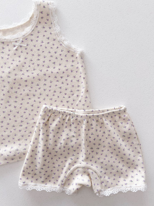 Girl SS25 Lace Trim Floral Sleeveless Top and Shorts Set (2 - 7y) - Purple Floral kids outfit