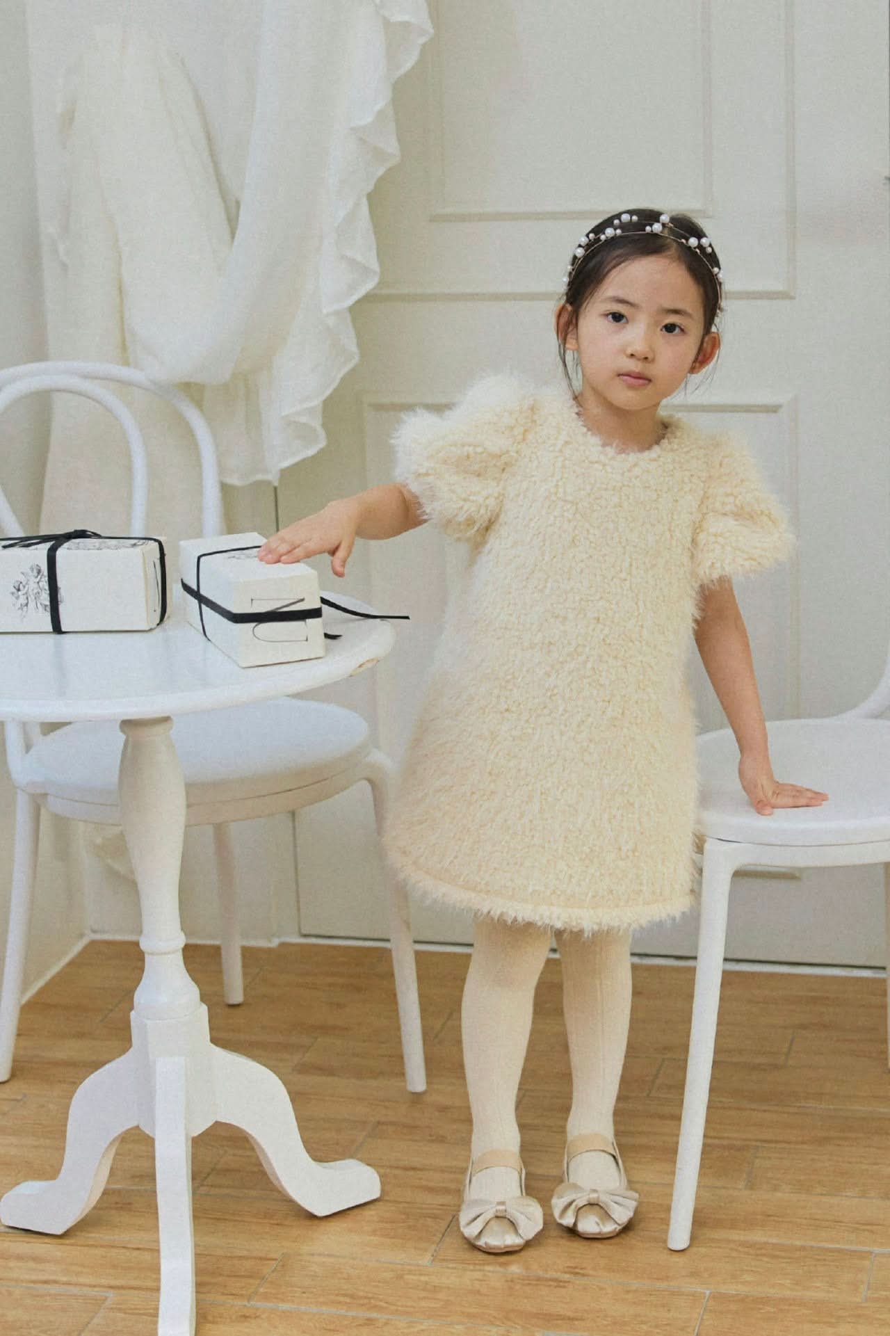 Girl W24 Bow Back Fur Short Puff Sleeve Dress (3 - 4y) - 2 Colors kids outfit