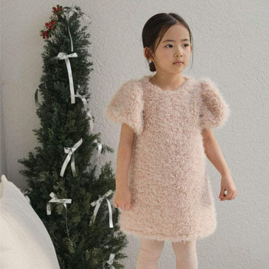 Girl W24 Bow Back Fur Short Puff Sleeve Dress (3 - 4y) - 2 Colors kids outfit