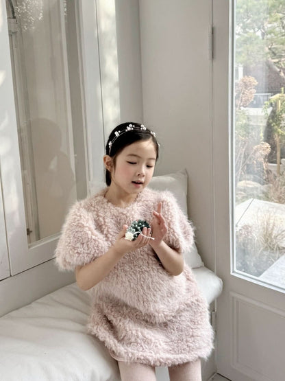 Girl W24 Bow Back Fur Short Puff Sleeve Dress (3 - 4y) - 2 Colors kids outfit