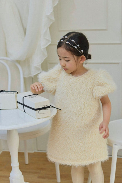 Girl W24 Bow Back Fur Short Puff Sleeve Dress (3 - 4y) - 2 Colors kids outfit