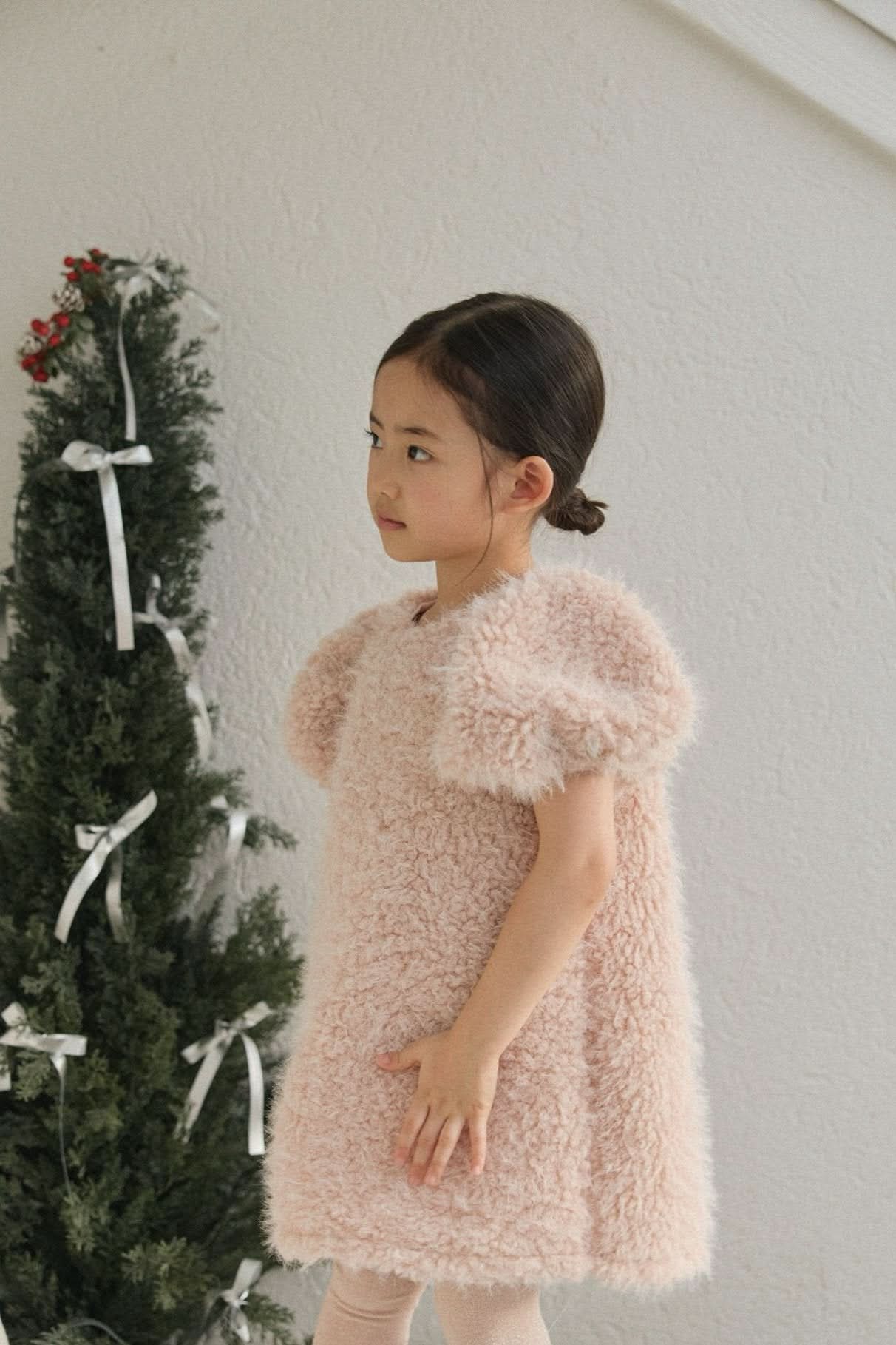 Girl W24 Bow Back Fur Short Puff Sleeve Dress (3-4y) - 2 Colors