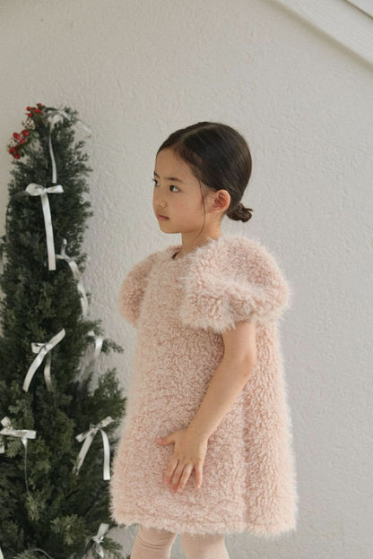 Girl W24 Bow Back Fur Short Puff Sleeve Dress (3 - 4y) - 2 Colors kids outfit