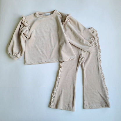 Girl W24 Soft Velour Frill Detail Top and Flare Pants Set (2 - 6y) - 2 Colors kids outfit