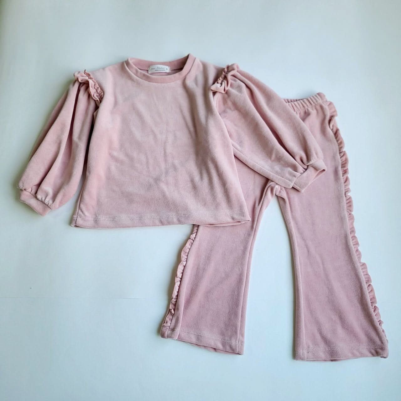 Girl W24 Soft Velour Frill Detail Top and Flare Pants Set (2 - 6y) - 2 Colors kids outfit