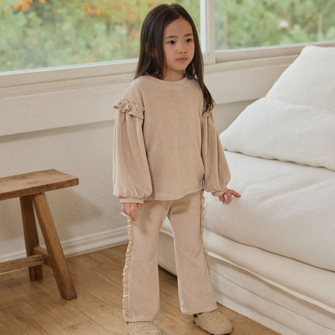 Girl W24 Soft Velour Frill Detail Top and Flare Pants Set (2 - 6y) - 2 Colors kids outfit