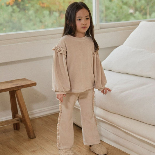 Girl W24 Soft Velour Frill Detail Top and Flare Pants Set (2 - 6y) - 2 Colors kids outfit