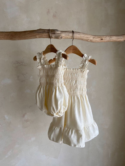 Girls Ann Frill Strap Smocked Bodice Dress (2 - 4y) - Cream kids outfit