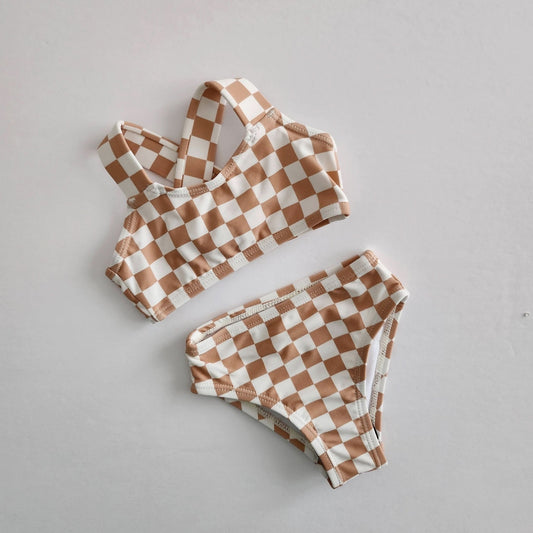 Girl's Basic Bikini | Tan Checkered (0 - 18m) kids outfit