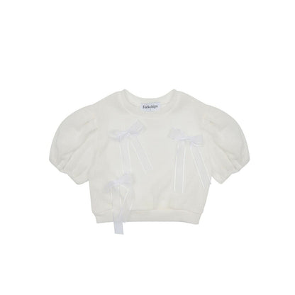 Girls Bow Detail Short Sleeve Summer Knit Top (3 - 6y) - Ivory kids outfit
