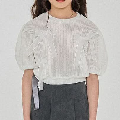 Girls Bow Detail Short Sleeve Summer Knit Top (3 - 6y) - Ivory kids outfit