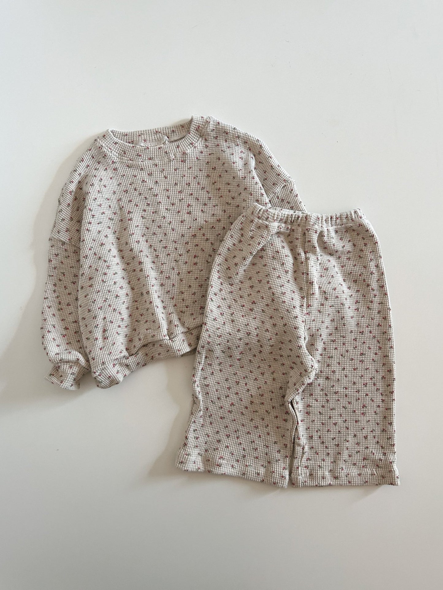 Girls Floral Print 2 Piece Waffle Set (Sweatshirt & Pull On Pants) (2 - 8y) - Heather Gray kids outfit