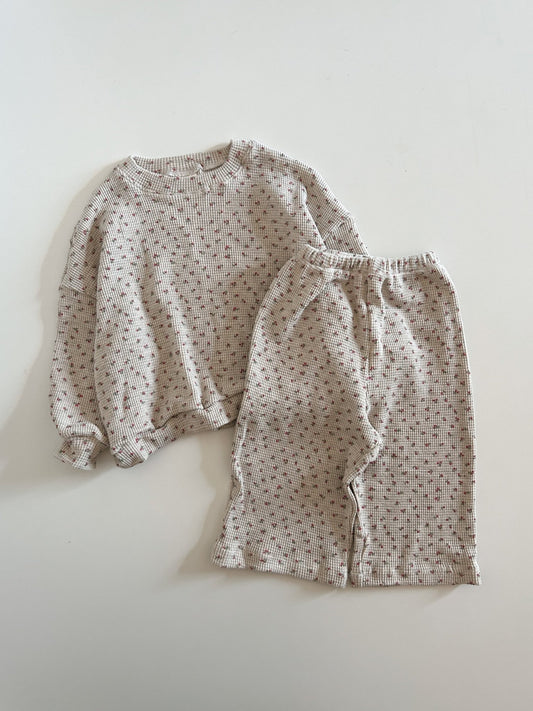 Girls Floral Print 2 Piece Waffle Set (Sweatshirt & Pull On Pants) (2 - 8y) - Heather Gray kids outfit