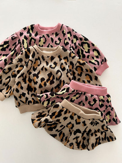 Girls Leopard Knitted Sweatshirt and Skirted Shorts Set (1 - 6y) - 2 Colors kids outfit