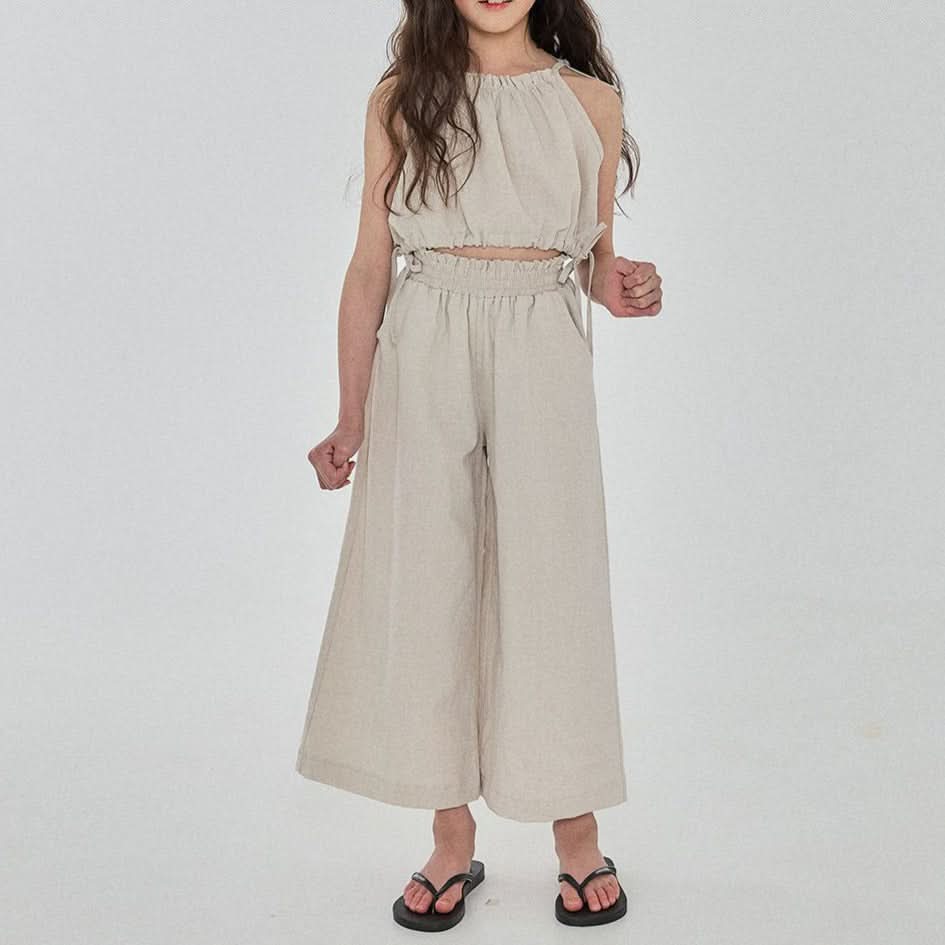 Girls Linen Balloon Halter Top and Wide Pants Set (3 - 6y) - Beige kids outfit