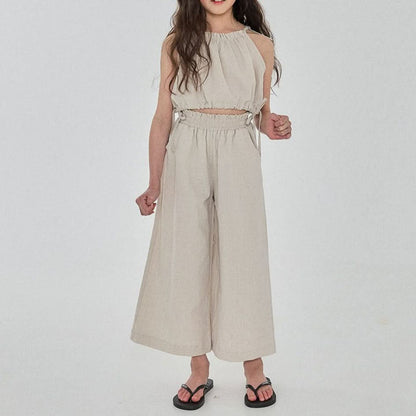 Girls Linen Balloon Halter Top and Wide Pants Set (3 - 6y) - Beige kids outfit