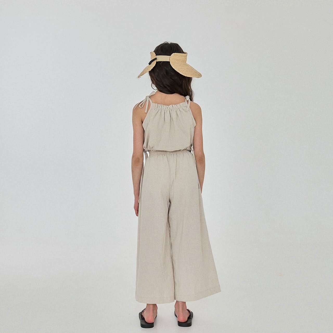 Girls Linen Balloon Halter Top and Wide Pants Set (3 - 6y) - Beige kids outfit