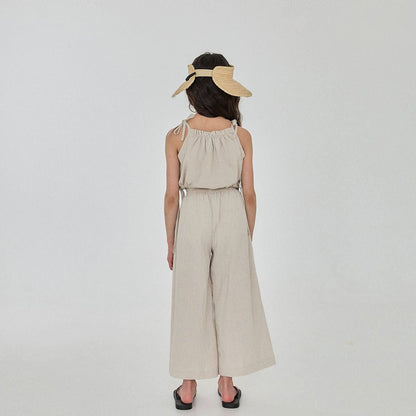 Girls Linen Balloon Halter Top and Wide Pants Set (3 - 6y) - Beige kids outfit